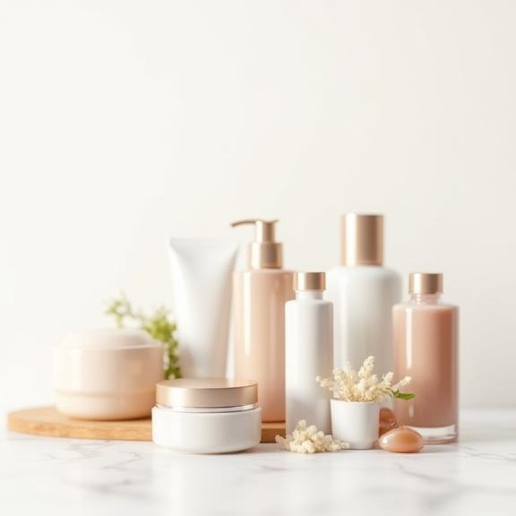 Composizione artistica di una linea completa di prodotti skincare.